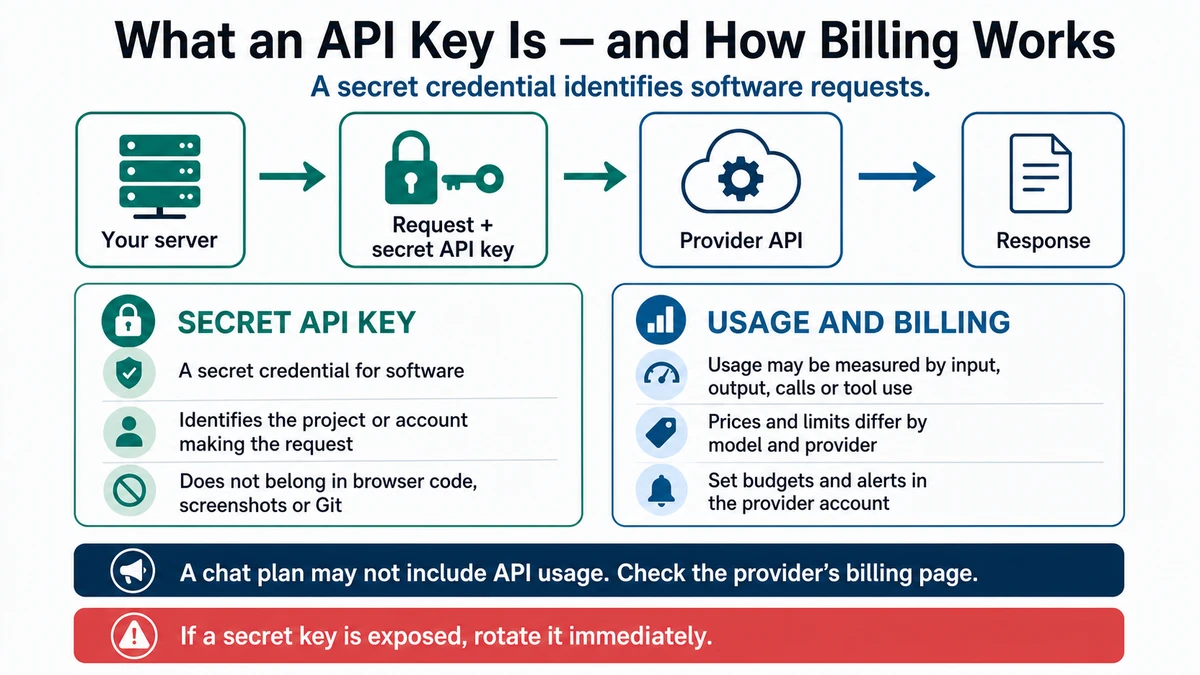 A server sends a request and secret API key to a provider API, beside cards explaining credential safety and provider-dependent usage billing.