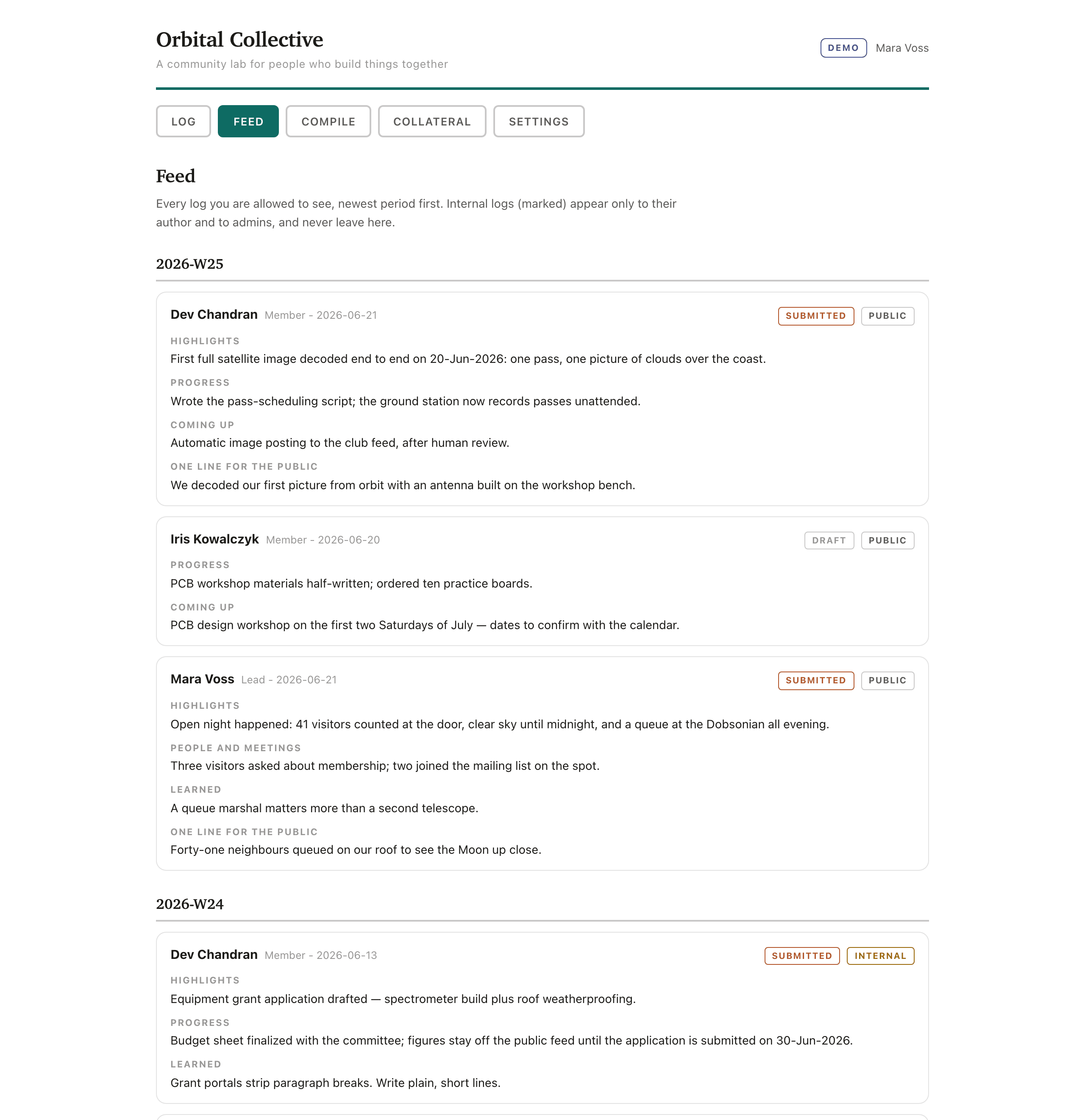 The feed in the demo app: fictional Orbital Collective member logs grouped by ISO week, each card carrying submitted or draft and public or internal badges