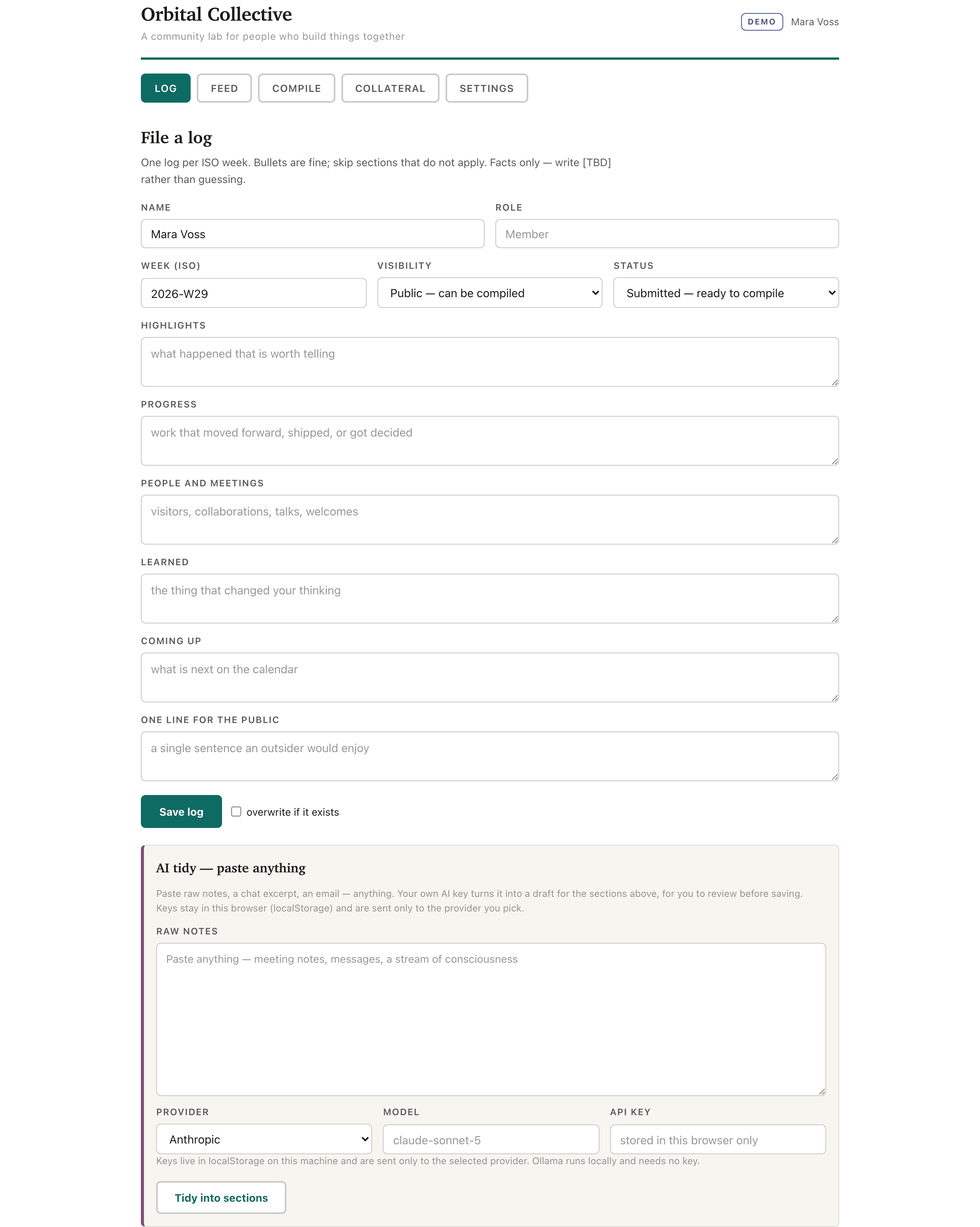 The log form in the demo app: six section textareas (highlights, progress, people and meetings, learned, coming up, one line for the public), visibility and status selectors, and the bring-your-own-key AI tidy panel below