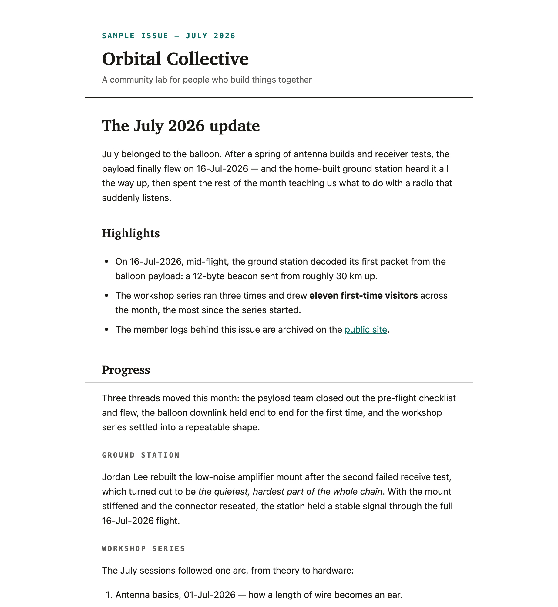 Top of the sample July 2026 issue: Orbital Collective masthead, issue kicker, opening summary, and highlights list rendered with inline email-safe styles